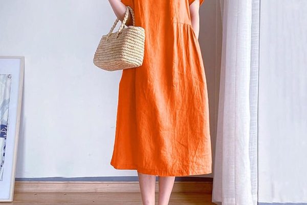 Women Elastic Waist Orange Dress