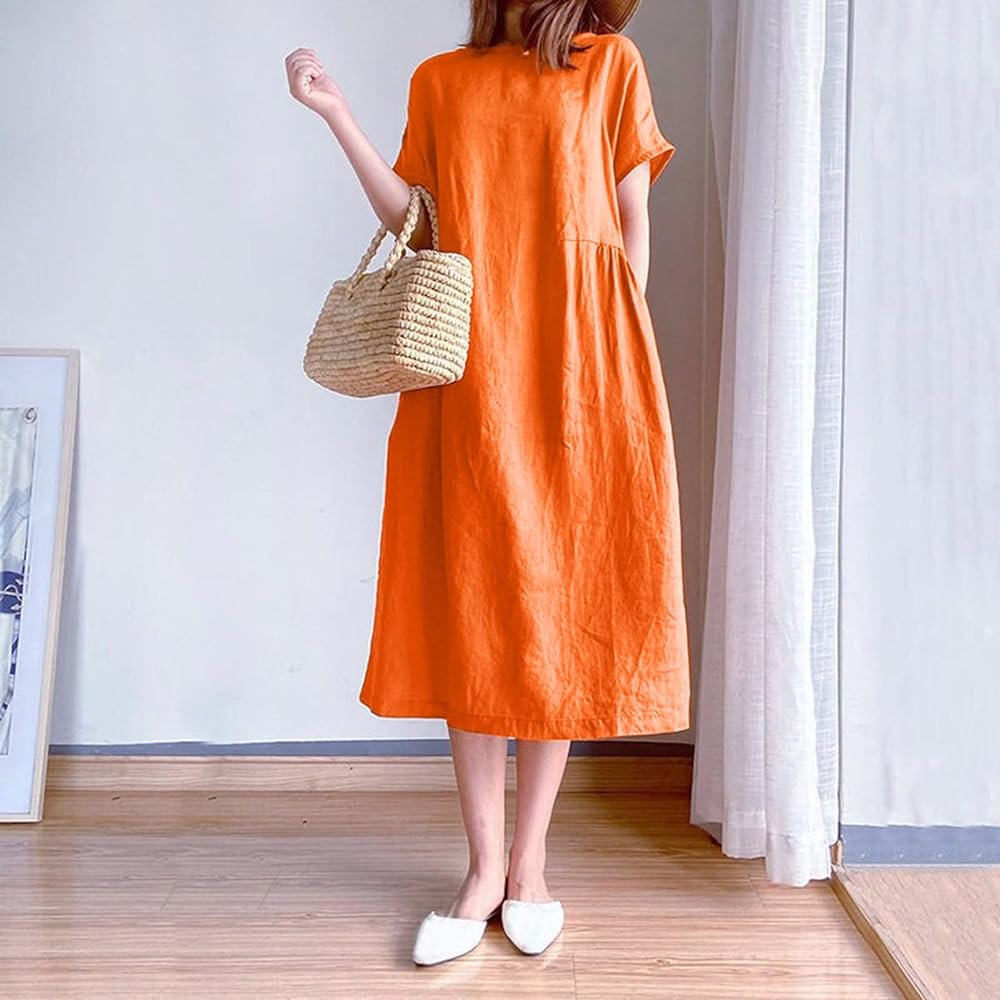 Women Elastic Waist Orange Dress